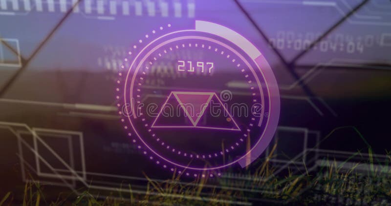 Showing purple hologram interface on grass with dotted ring triangle icon 2197 readout and patterns royalty free illustration