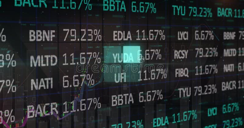 Showing ticker board with tickers and percentages on trading interface, with grid lines and graphs stock images