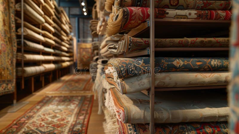 Showroom with carpets and rugs displayed on shelves stock photography