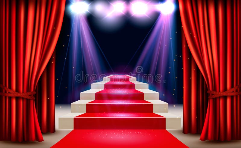 Showroom cu covorul roșu care duce la un podium și un reflector. stock illustration