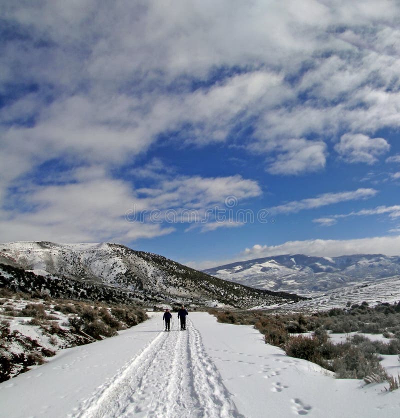 Showshoers hike up a snow covered road