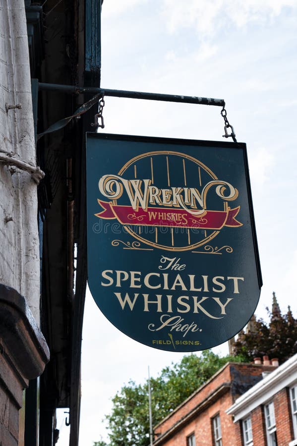Wrekin Whiskies Shop. Shrewsbury, UK-  July 14, 2022: Wrekin Whiskies Shop sign in Shrewsbury, Engalnd