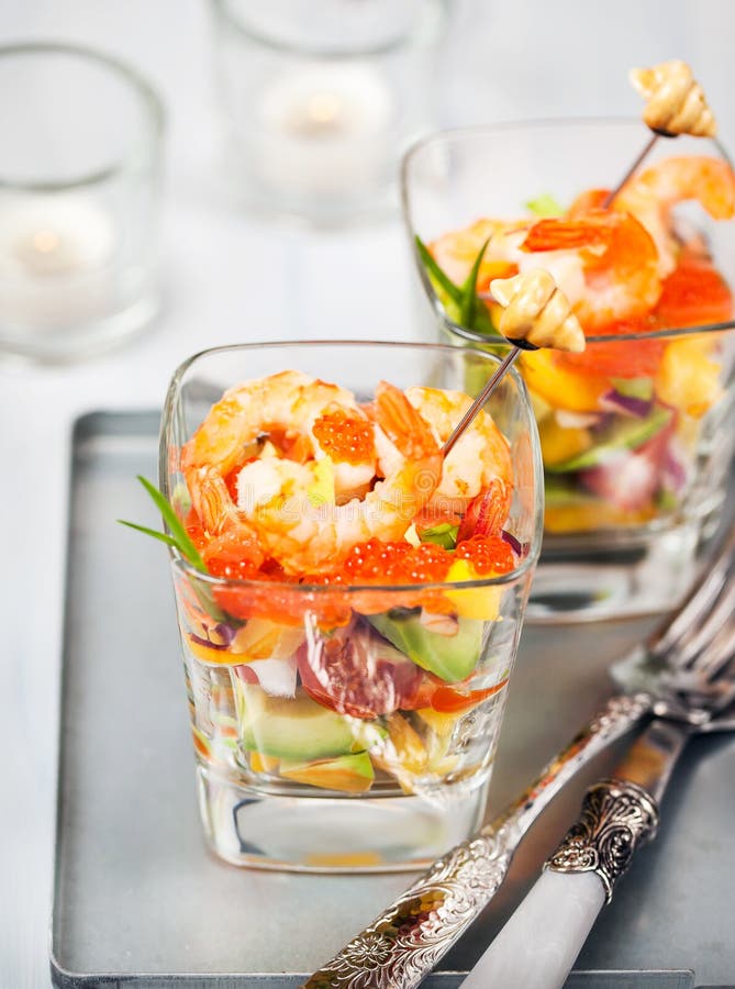 Shrimp, Avocado, Tomato, Salmon and Red Caviar Cocktail Salad in Stock ...