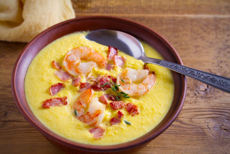 Shrimp, Bacon and Corn Chowder. Creamy Corn Vegetable Soup with Shrimps