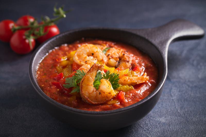 Shrimp Gazpacho with Roasted Red and Yellow Bell Peppers. Spanish pureed cold tomato soup with shrimps. royalty free stock photo Shrimp Gazpacho with Roasted Red and Yellow Bell Peppers. Spanish pureed cold tomato soup with shrimps. royalty free stock photo