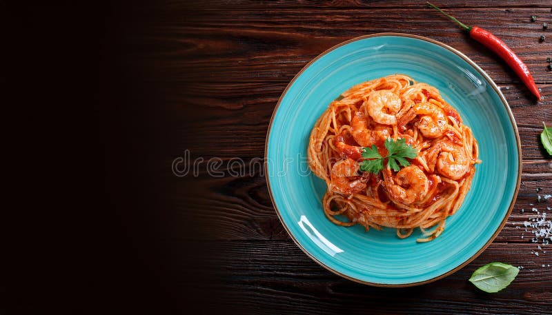Shrimp linguine Puttanesca pasta with shrimps in spicy tomato basil sauce, on a white plate, top view, square format stock illustration