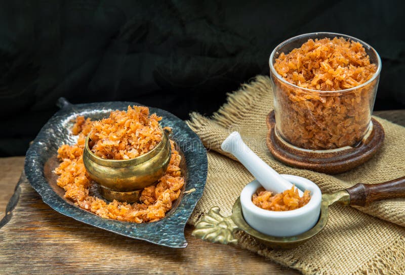 Shrimp Paste with Dried Shrimps in White Ceramic Bowl on Wooden Plank