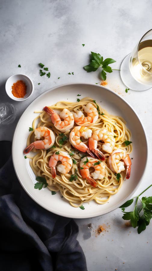 Shrimp Scampi in a Garlic Butter Sauce, Generativ Ai Stock Illustration