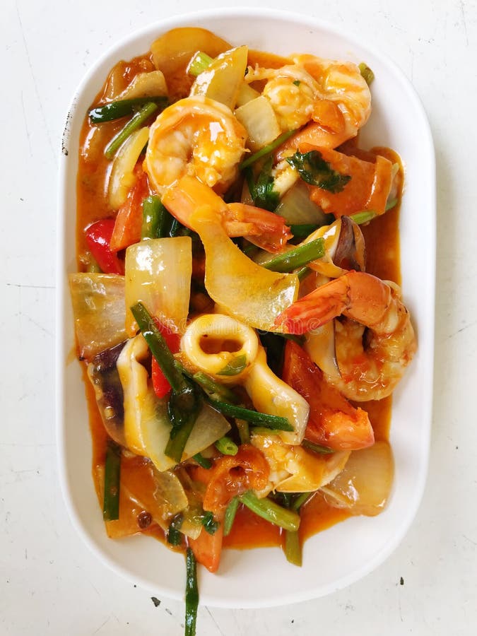 Shrimp Stir Fry with Sweet and Sour Sauce, Thai Food. Stock