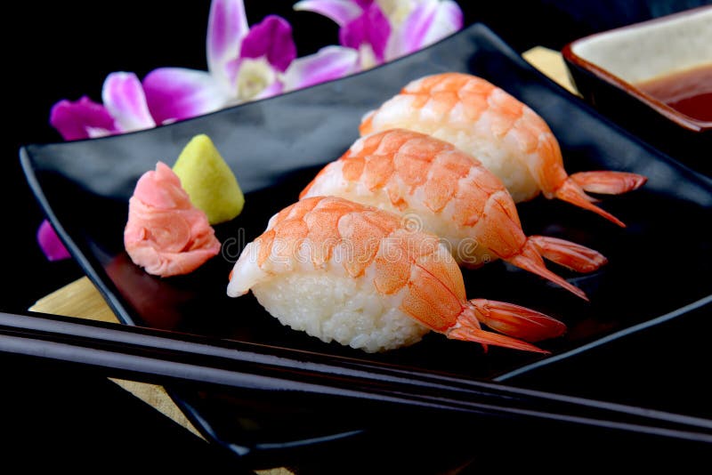 Shrimp sushi or Japanese ebi sushi.