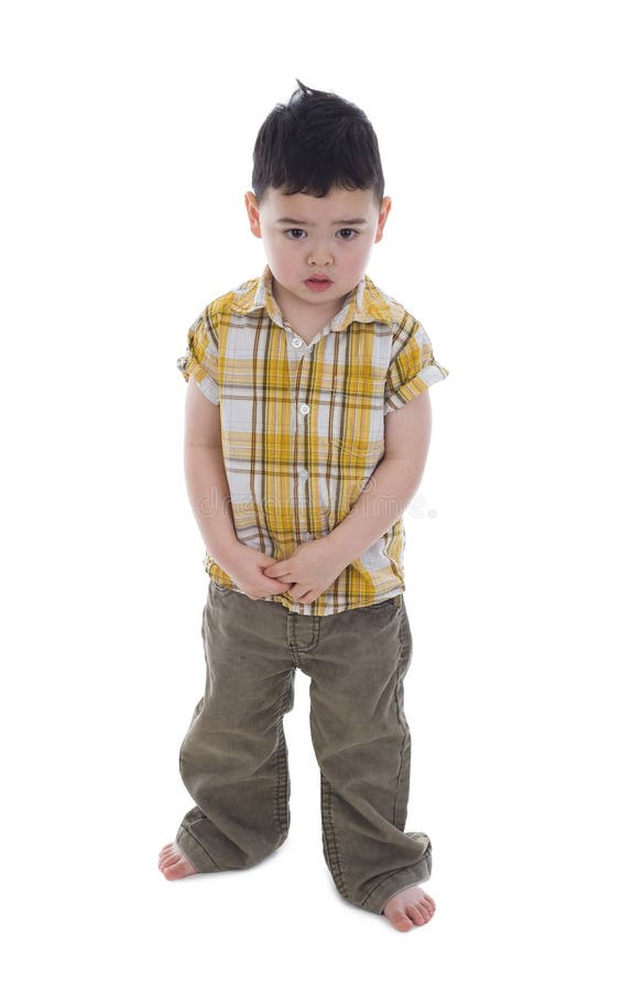 Shy boy on white background