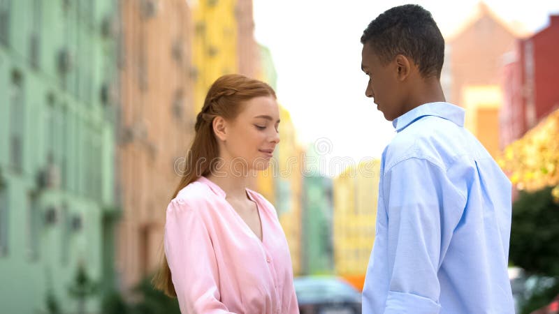 Shy Couple Having Romantic Date First Relationship Tender Feelings 