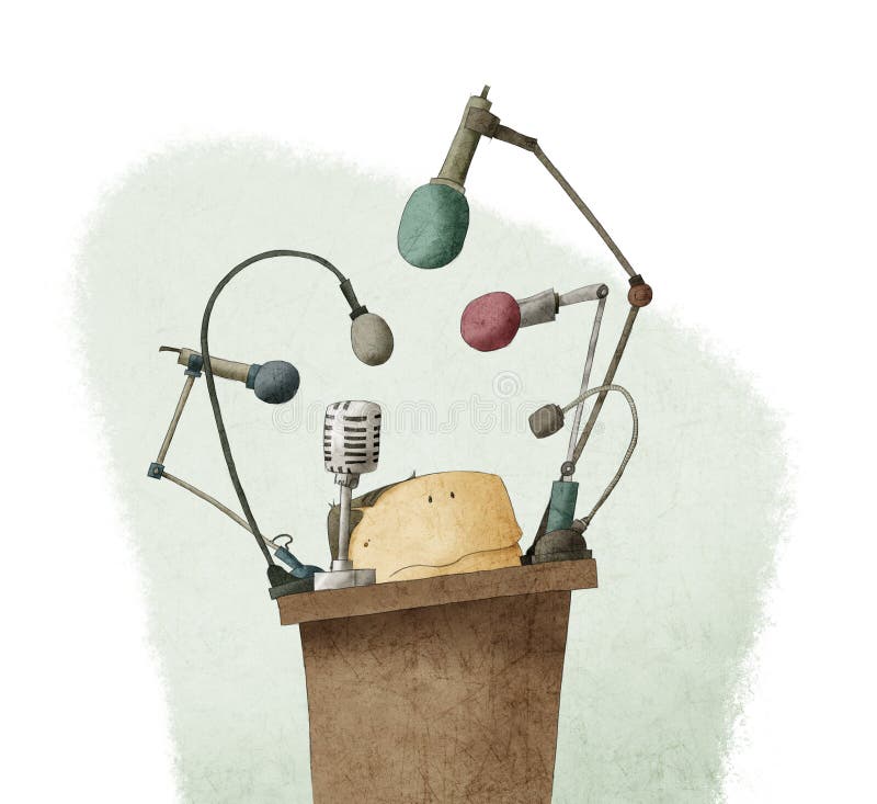 A shy man at the podium gibing speech. Conference podium illustrations