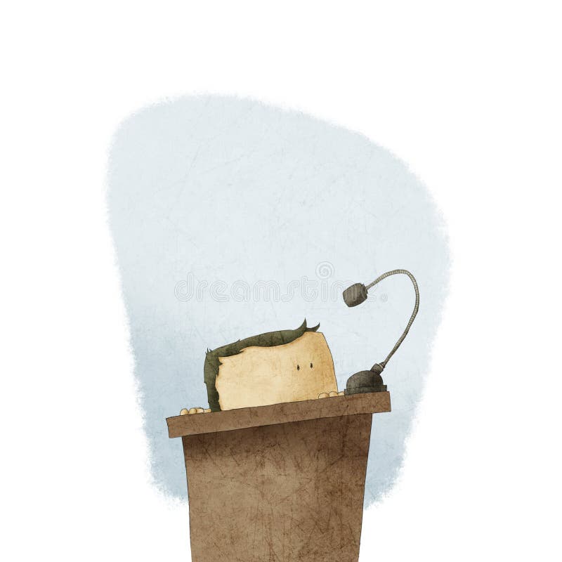 A shy man at the podium giving speech. Conference podium illustrations