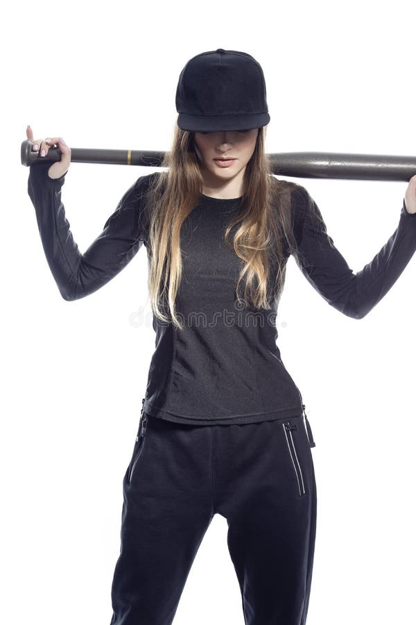 Winsome Sportive Caucasian Female Baseball Player Athlete Posing with Ball  and Bat in Sport Outfit with Cap Against Pure White Stock Image - Image of  competitive, jacket: 251373587