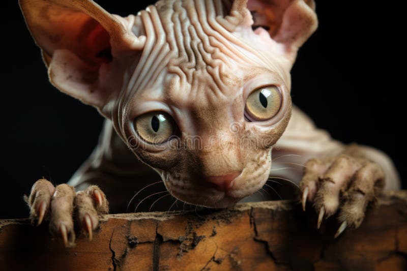 Sphynx kitten with big eyes explores a wooden surface to sharpen her claws, close up. AI generated. Sphynx kitten with big eyes explores a wooden surface to sharpen her claws, close up. AI generated