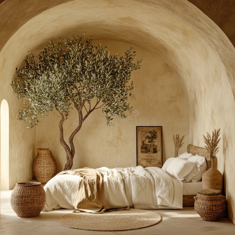 Si crea uno spazio vivente sereno grazie al decoro interno della camera da letto minimalista che incorpora opere d'arte moderne e fotografia stock