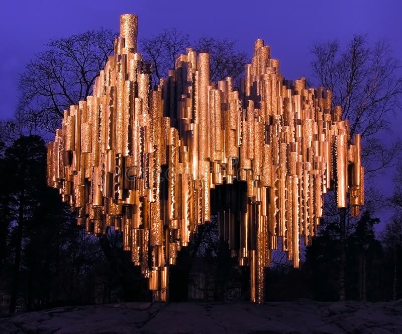 Sibelius-monument at autumn night.