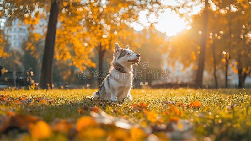 Siberian husky enjoying a sunny autumn day in a park with vibrant orange leaves stock image