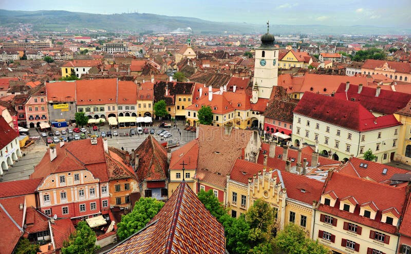 Sibiu, in the center of Transylvania, Romania. View from above with the  Fagaras Mountains in the back. HDR photo. City also known as Hermannstadt  Stock Photo - Alamy