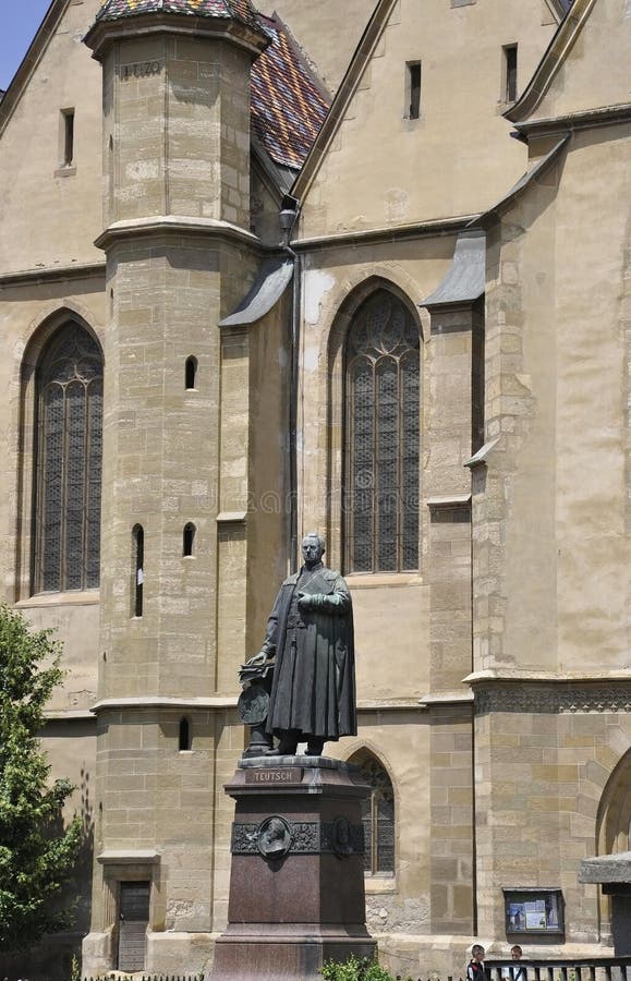 Sibiu,June 16:Statue front of Evangelical Church from Downtown of Sibiu in Romania