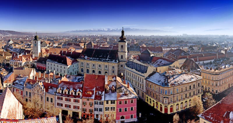 Sibiu, in the center of Transylvania, Romania. View from above with the  Fagaras Mountains in the back. HDR photo. City also known as Hermannstadt  Stock Photo - Alamy