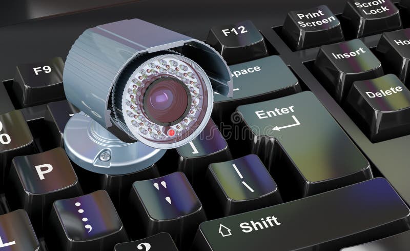 Sicherheitskamera auf Computertastatur-Konzept 3D-Darstellung stock abbildung