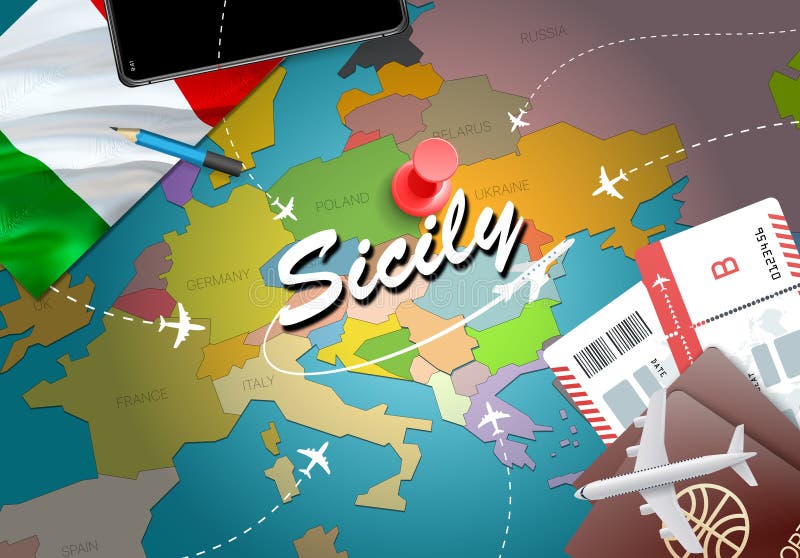 Sicily city travel and tourism destination concept. Italy flag a