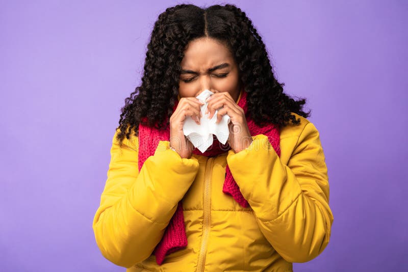 Sick Black Woman Making Nasal Instillation Standing Over Purple ...