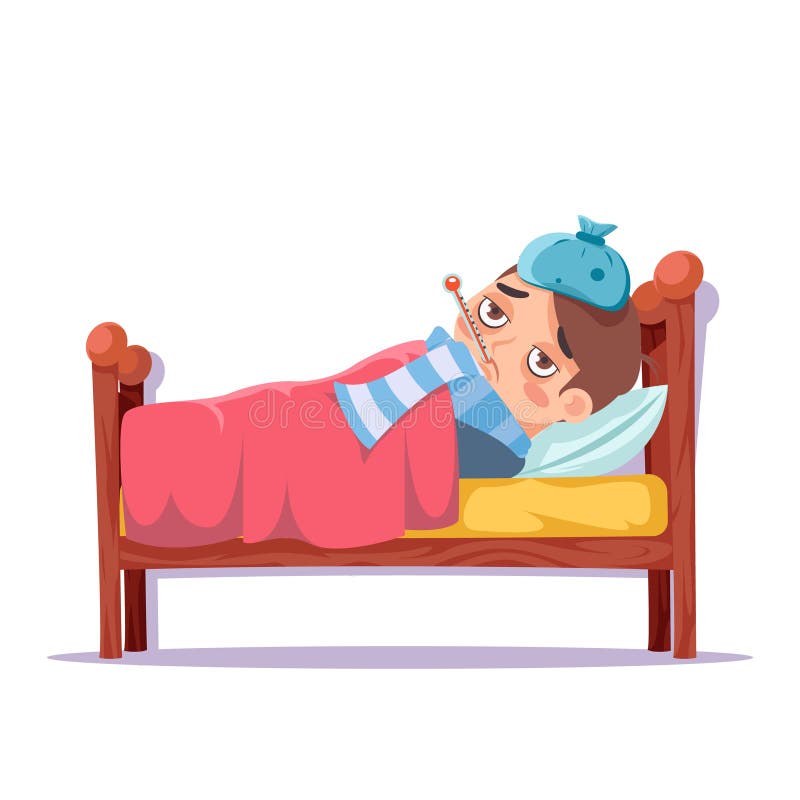 Sick Boy Lying in Bed Ill Cold Flu Disease Illness Virus Cartoon Male  Character Design Vector Illustration Stock Vector - Illustration of  contagious, face: 159812976