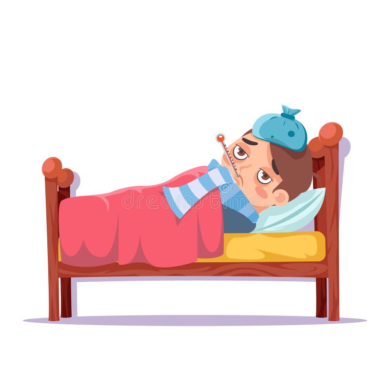 Sick boy lying in bed ill cold flu disease illness virus cartoon male character design vector illustration