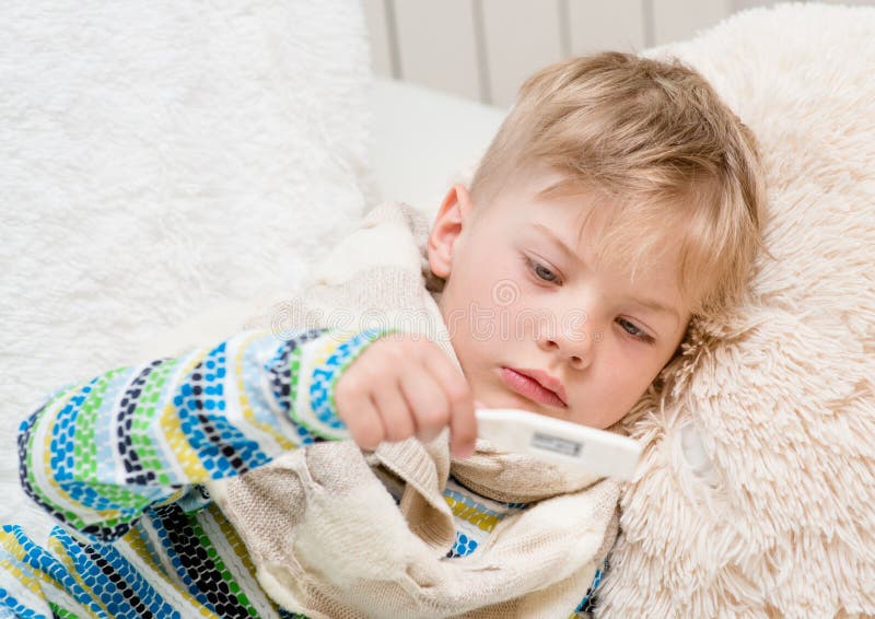 Sick Boy with Thermometer Laying in Bed Stock Photo Image of care