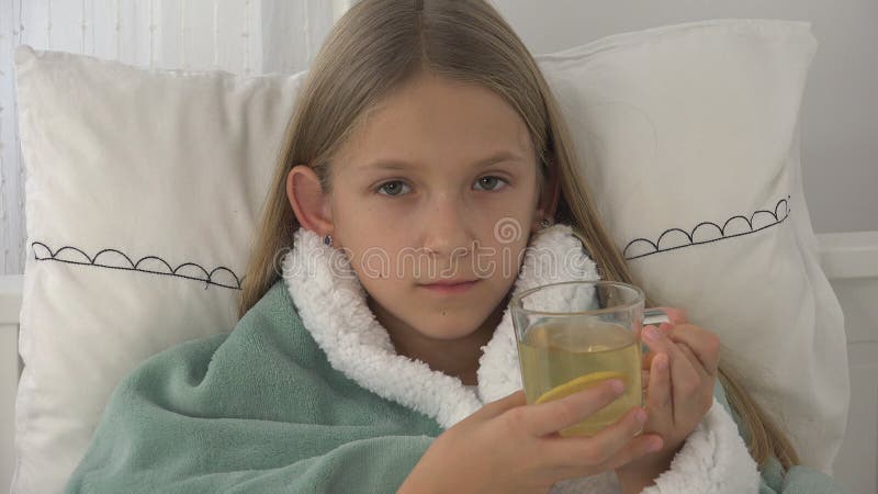 Sick Child Drinking Tea, Ill Kid in Bed, Suffering Girl, Patient in Hospital