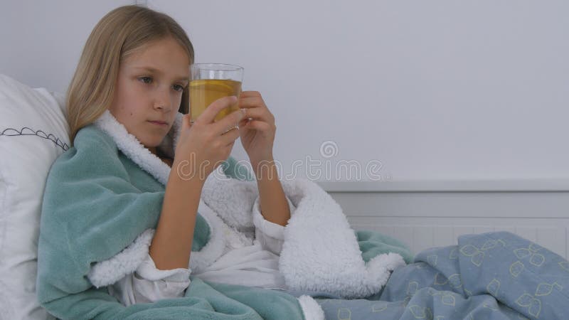 Sick Child Drinking Tea, Ill Kid in Bed, Suffering Girl, Patient in Hospital