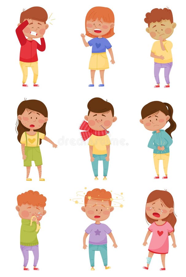 Sick Children Standing and Feeling Unwell Vector Illustrations Set