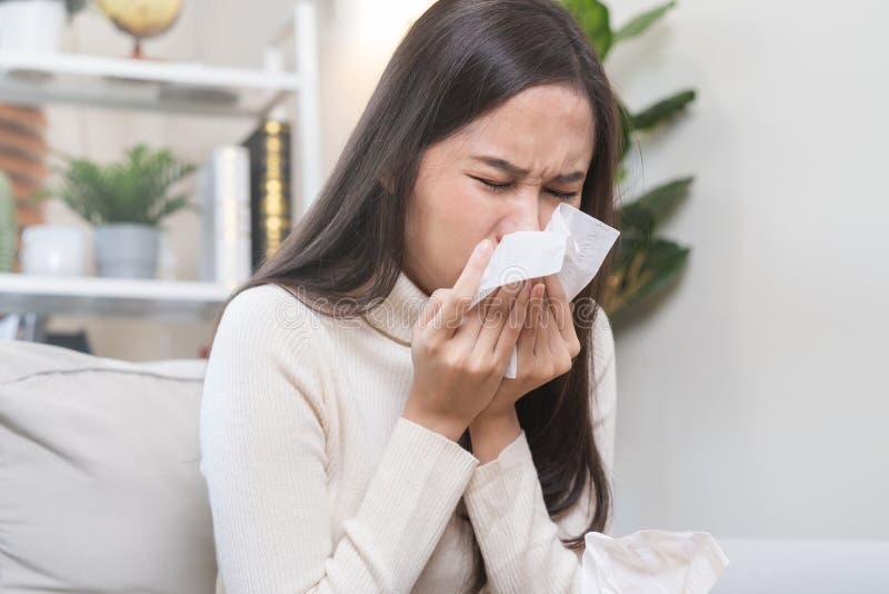 Sick, Coronavirus Covid19 Asian Young Woman, Girl Headache Under