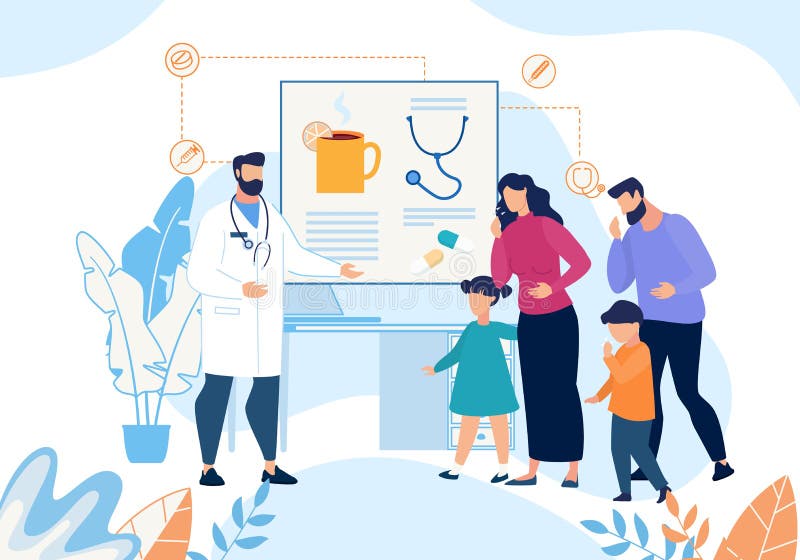 Sick Family with Cough Visiting Doctor Cartoon royalty free illustration Sick Family with Cough Visiting Doctor Cartoon royalty free illustration
