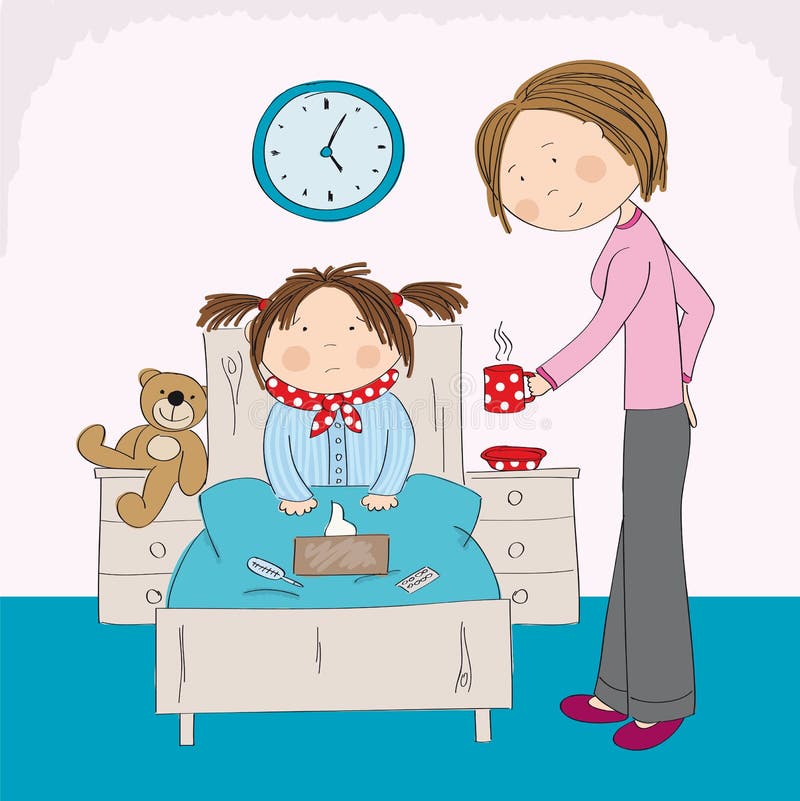 Sick girl with flu sitting in the bed, mum bringing hot tea vector illustration Sick girl with flu sitting in the bed, mum bringing hot tea vector illustration