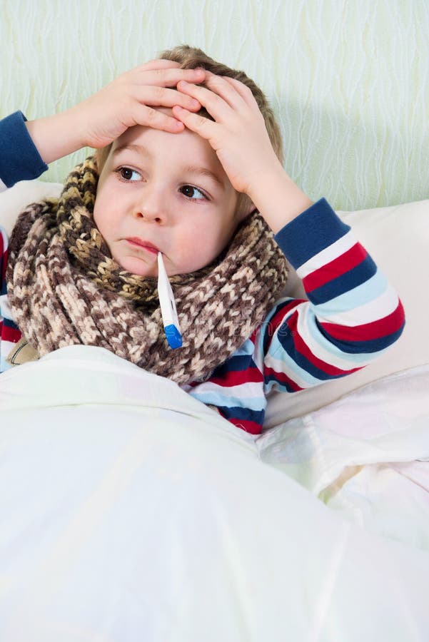 Sick Little Boy Lying in Bed with Thermometer Stock Image - Image of ...