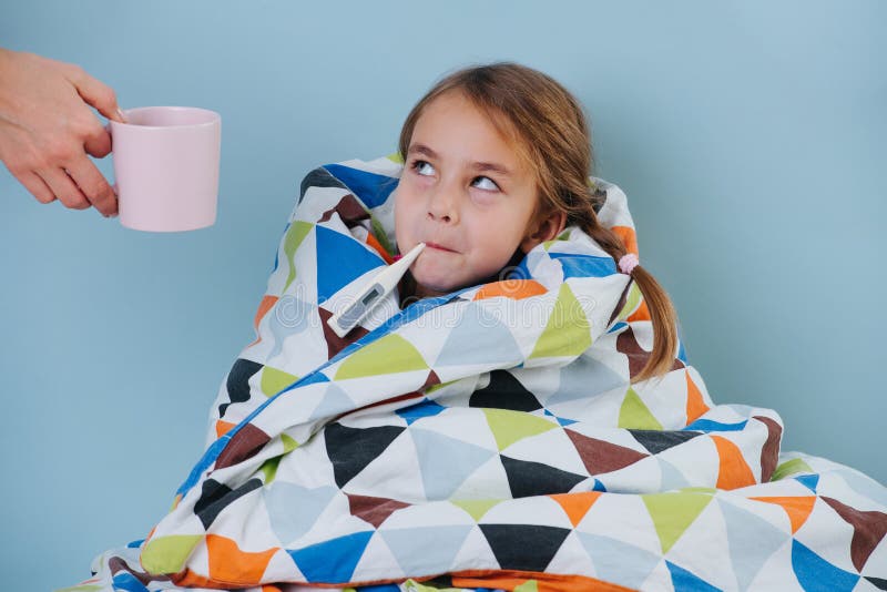 Sick Little Girl with Common Cold Wrapped in Blanket, Measuring ...