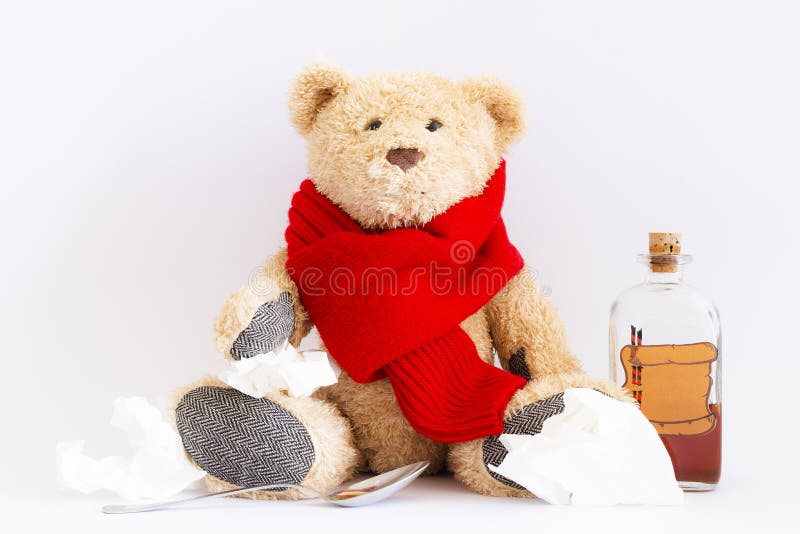 Sick Teddy Bear With Vintage Medicine Bottle On White 