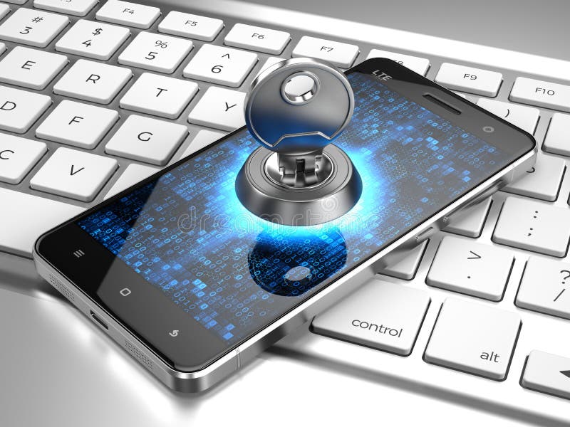 Sicurezza cyber, concetto della segretezza di informazioni - telefoni con la chiave sulla tastiera di computer illustrazione vettoriale Sicurezza cyber, concetto della segretezza di informazioni - telefoni con la chiave sulla tastiera di computer illustrazione vettoriale