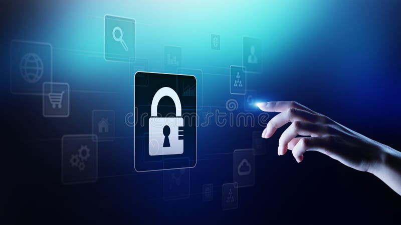 Sicurezza cyber, protezione dei dati personale, segretezza di informazioni Icona del lucchetto sullo schermo virtuale Concetto di fotografie stock Sicurezza cyber, protezione dei dati personale, segretezza di informazioni Icona del lucchetto sullo schermo virtuale Concetto di fotografie stock
