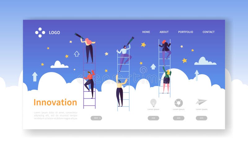 Sida för affärsinnovationlandning Affärsvisionbegrepp med plana tecken i sökande av den idérika idén website vektor illustrationer Sida för affärsinnovationlandning Affärsvisionbegrepp med plana tecken i sökande av den idérika idén website vektor illustrationer