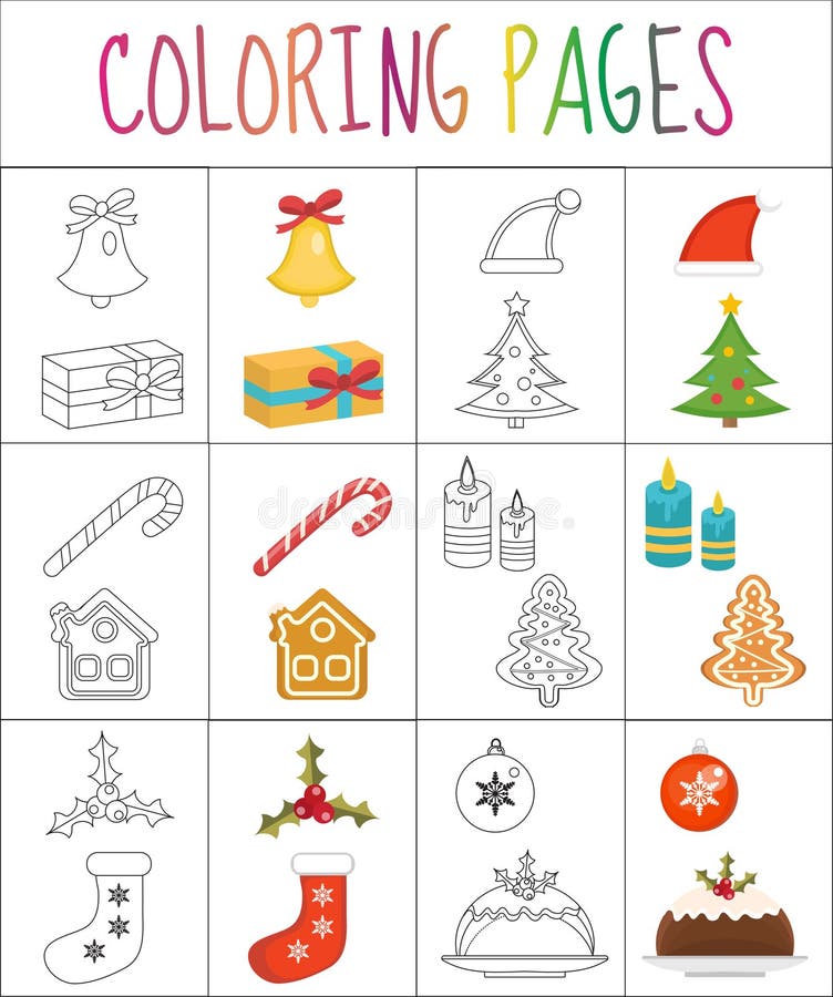 Sida för färgläggningbok set för juldesignelement Skissa och färga versionen för ungar också vektor för coreldrawillustration royaltyfri illustrationer Sida för färgläggningbok set för juldesignelement Skissa och färga versionen för ungar också vektor för coreldrawillustration royaltyfri illustrationer