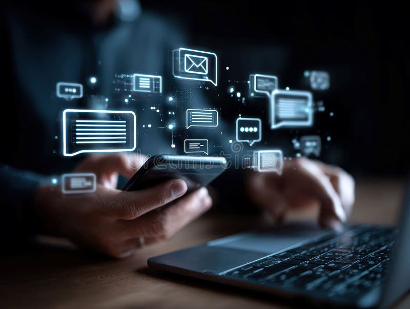 Side-angle shot of a multitasking individual using a smartphone and laptop, surrounded by floating digital icons symbolizing social media platforms in warm indoor lighting AI-Generated. Laptop side angle illustrations