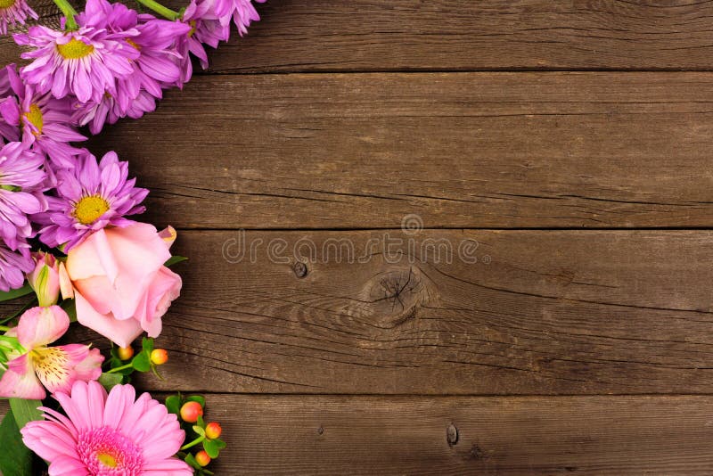 Side Border of Pink and Purple Flowers Against a Rustic Wood Background  Stock Photo - Image of border, beautiful: 113169930