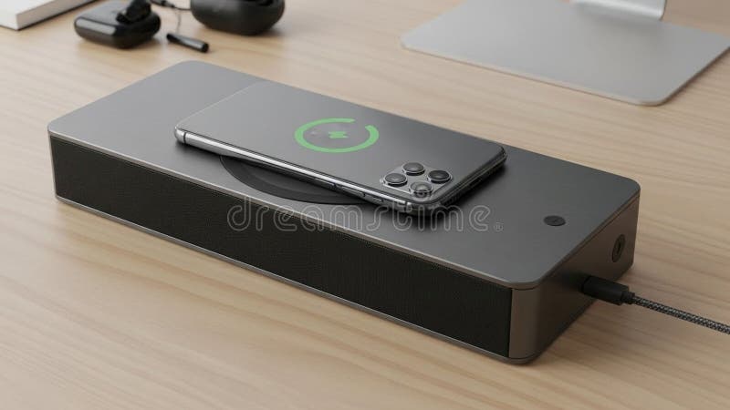 Side and a cable plugged into it. Situated on a light wood desk nearby royalty free illustration