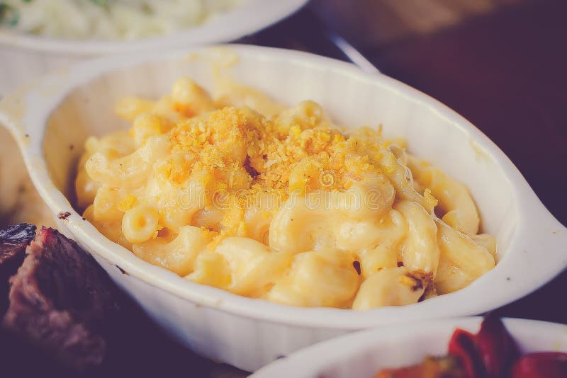 Side Dish Macaroni and Cheese with Croutons in a White Porcelain Bowl