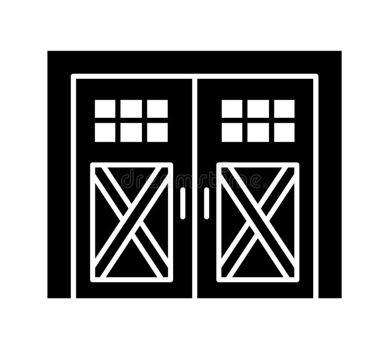 Side hinged vintage garage door. Black & white vector illustration. Flat icon of closed warehouse or barn gate in rustic country